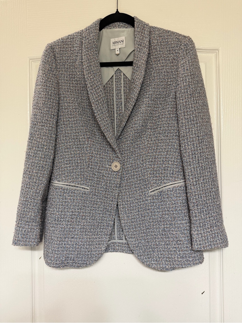 Armani Collezioni Blue Tweed Blazer Womens 4 Shawl Collar Boucle Jacket Italy